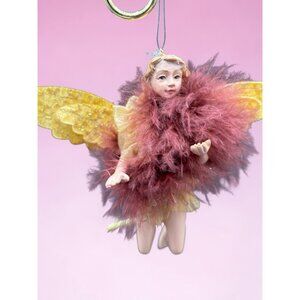 Handcrafted Fairy Angel Ornament With Yellow Wings & Burgundy Feathered Dress -